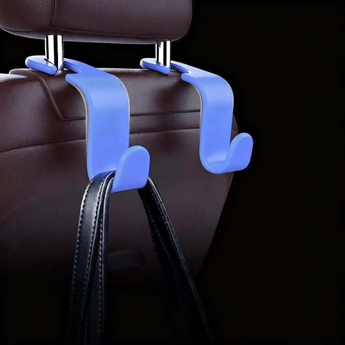ANULEYO 4 car Hooks for headrests, PE Material seat Back Hooks and Phone Holder, Double Headed Pillow, Wallet Storage, Handbags, Bags (Blue)