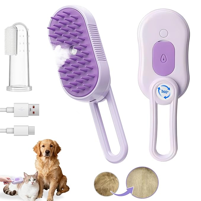 Cats Steam Brush for Cats,4-in-1,Rechargeable Grooming Tool for Cats & Dogs, Anti-Static Design, Delivers Massage, Deep Cleansing, Shedding Control & Styling,Includes Pet Finger Toothbrush(Purple)