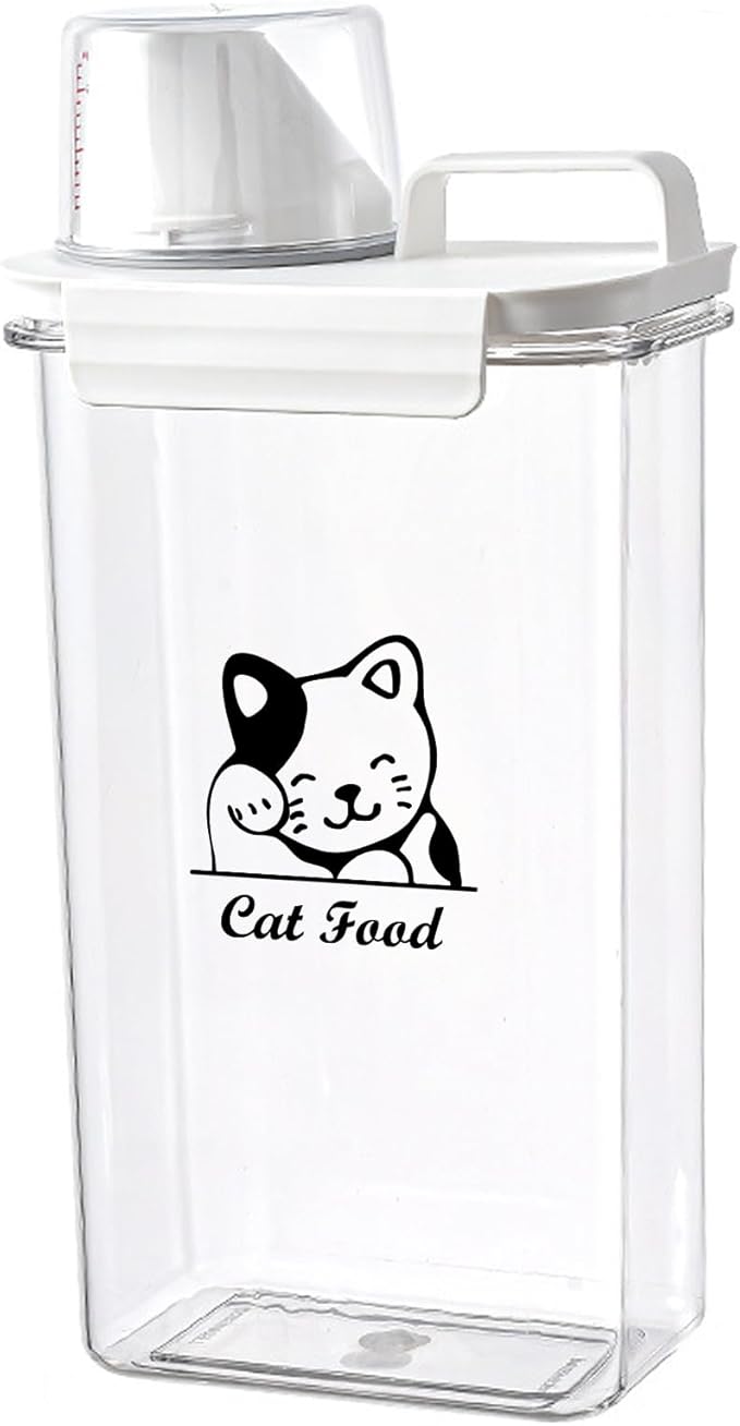 Brabtod Cat Food Storage Container Small |3lb/2.5 L Clear Plastic Cat Food Treats Container Airtight with Measuring Cup|Portable Pet Food Containers Ideal for Travel| Easy Pour|BPA Free