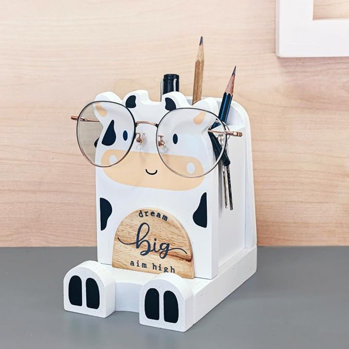 I'm Solid Wood Multipurpose Eyeglass Phone Pen & Pencil Holder Stand Stationery Desk Box Organizer Accessories Decor, Cute Farm Animal for Home Office Desktop Decor Birthday Graduation Gifts (Cow)
