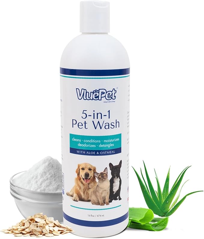 VLUEPET | Pet Wash - Gentle Solution for Cleans, Conditions, Deodorizes, Detangles and Hair Moisturizes with Oatmeal & Aloe Formula- Itchy Skin Relief- Sulfate Free, Plant Based, All Natural- 16 fl oz
