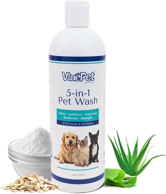 VLUEPET | Pet Wash - Gentle Solution for Cleans, Conditions, Deodorizes, Detangles and Hair Moisturizes with Oatmeal & Aloe Formula- Itchy Skin Relief- Sulfate Free, Plant Based, All Natural- 16 fl oz