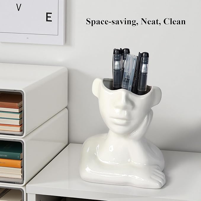Ceramic Face Pen Holder Organizer, Female Form Face Pen Tools Storage Cup for Desk Accessories, Compact Pencil Holder for Desktop, Living Room, School, Home and Office Decor