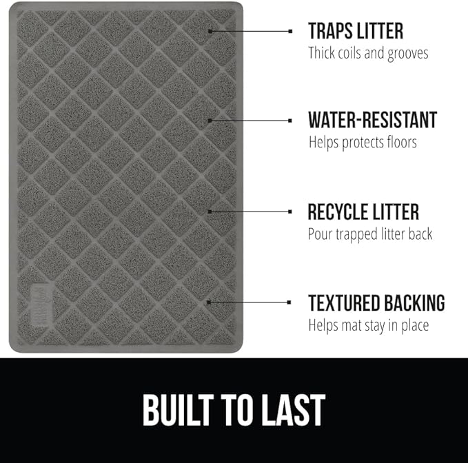 GORILLA GRIP Cat Litter Box Mat, 40x28, Water Resistant, US Designed Kitty Litter Trapping Mats, Easy to Clean, Scatter Control, Less Mess and Clean Floors, Kitten Supplies for Indoor Cats, Gray