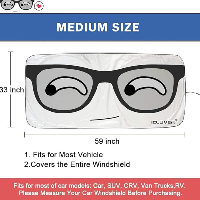 IC ICLOVER Car Windshield Sunshade with Pet Design, Cute Cartoon Design Front Auto Car Windshield Sun Shade Folding Silvering Sun Visor - UV Coating for UV Ray Deflector (Big Eyes)