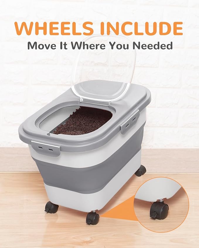 DDMOMMY 20-23 Lbs Dog Food Storage Container - Collapsible Dog Food Container with Attachable Casters and Scoop,Travel Silicone Bowl, Pet Food Storage Containers to Keep Dry Food Fresh,Easy to Move