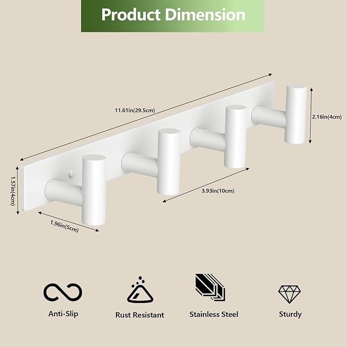 VINHOLD Wall Mounted Coat Rack-4 Hooks, Heavy Duty Stainless Steel Wall Hooks for Towel Coat Bag, Hat Rack Coat Hanger Coat Hooks Towel Racks for Bathroom Entryway Kitchen Office (White, 1 Pack)