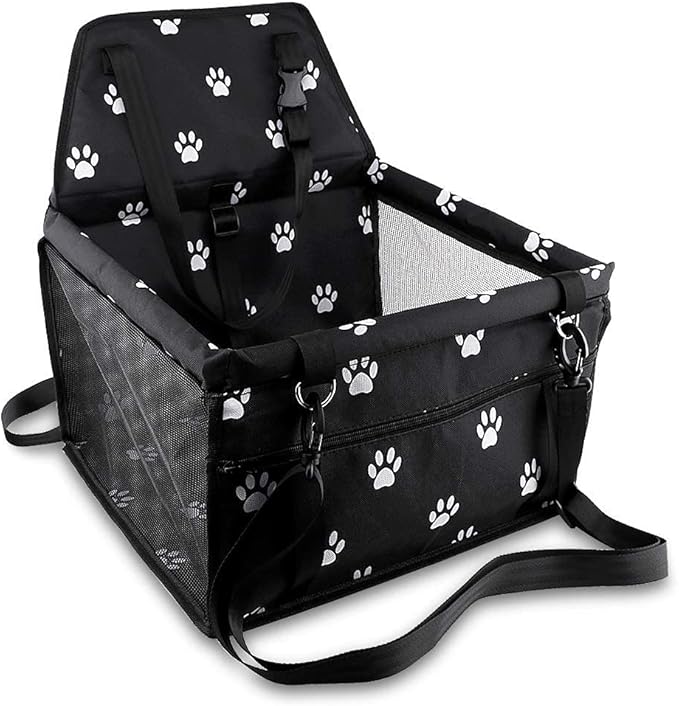 Petbobi Pet Reinforce Car Booster Seat for Dog Cat Portable and Breathable Bag with Seat Belt Dog Carrier Safety Stable for Travel Look Out,with Clip on Leash with PVC Tube, Black Paw Print