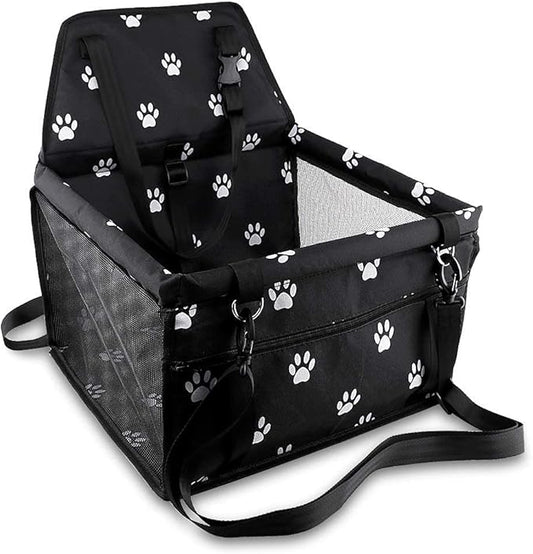 Petbobi Pet Reinforce Car Booster Seat for Dog Cat Portable and Breathable Bag with Seat Belt Dog Carrier Safety Stable for Travel Look Out,with Clip on Leash with PVC Tube, Black Paw Print