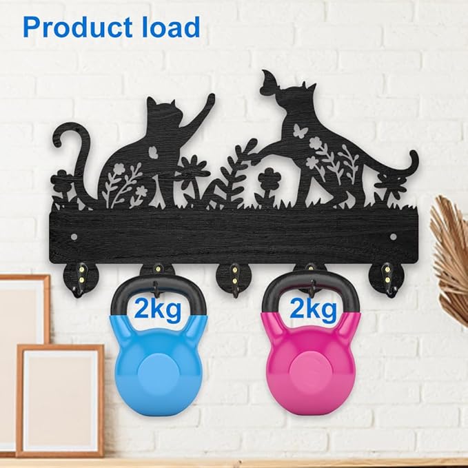 MAYJOYDIY Cat Butterfly Flower Coat Hooks Wall Mount Floral Cat Wood Key Holder for Wall 11.8×7.2inch Black Animal Wall Art Decor Key Hooks 5 Alloy Hooks for Gift Entryway Living Room Kitchen Office