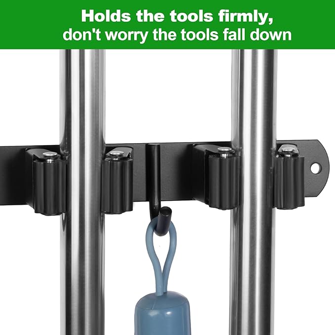 voze 5 Racks and 4 Hooks Mop and Broom Holder Wall Mount, Self Adhesive Heavy Duty Broom Hanger Organizer Storage Tool Racks for Kitchen Garden Laundry Garage Black