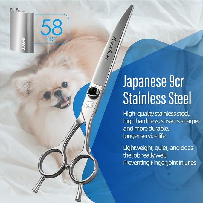 Dog Grooming Scissors: 7.5 inch Pet Curved Shears Made Of Japanese 9CR Advanced Stainless Steel Professional Grooming Scissors for Dogs Cats and Other Pets