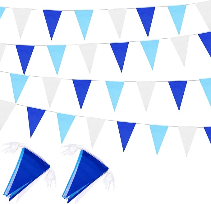 Preboun 164 Feet Pastel Pennant Banner Bunting Pennant Banner Garland 120 Pcs Pastel Triangle Flags on a String for Baby Shower Birthday Graduation Wedding Hanging Decorations(Blue and White)