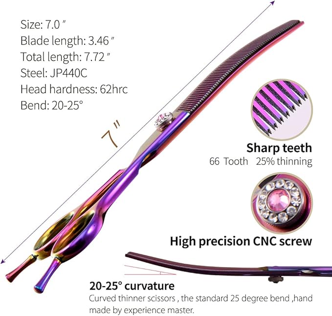 Fenice Peak Professional Dog Grooming Scissors Pet Curved Thinning Shears 7.0'' Extremely Sharp Blades 440C Thinning Scissors Durable Smooth Motion & Fine Cut for Dogs and Cats (Multicolored)
