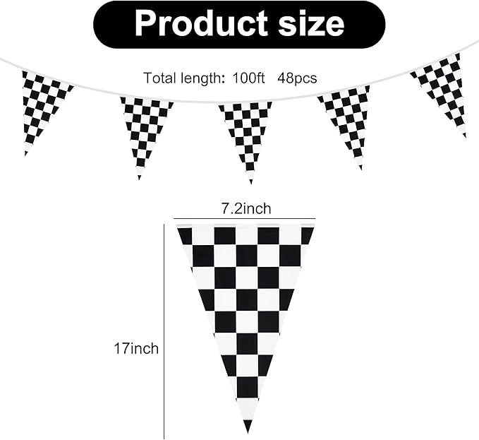 BEISHIDA 100ft 48pcs Black white Checkered Racing Pennant Flags Banner,Reusable Bunting String Triangle Flags,Race Car Theme Party Decoration,Kids Birthday,Indoor and Outdoor Events