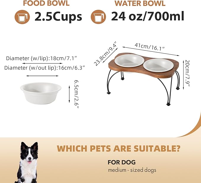 Ceramic 7.1-inch Raised Double-Bowl Set with Non-Slip Stand, 2.5 Cup Food or 24 oz Water Dishes for Medium and Dogs, Wide Opening with Rounded Edges(Matt White)