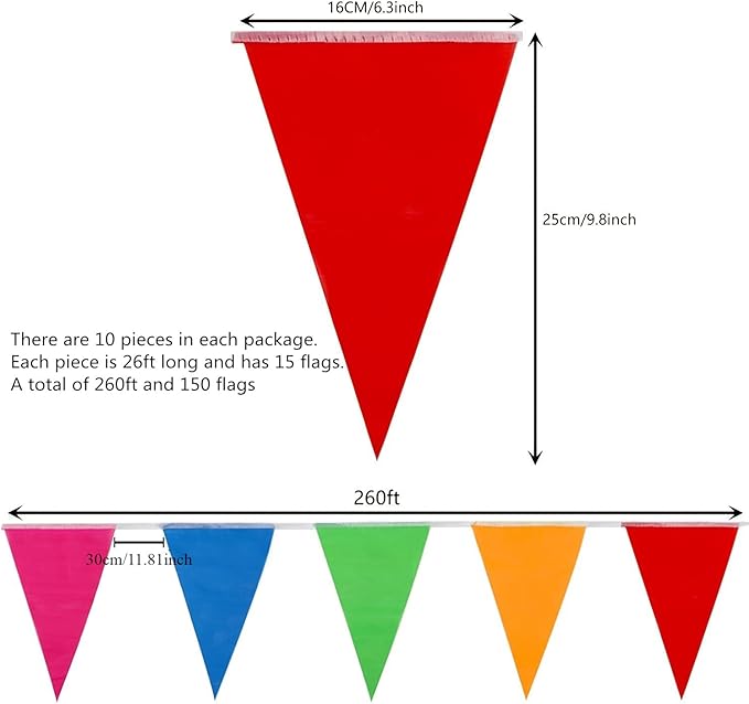 260ft 150pcs Flags Colorful Pennant Banner Flags Multicolor Bunting String Triangle Flags, Garland for Grand Opening Carnival, Theme Birthday Party Decoration, Outdoor Events Classroom Decor