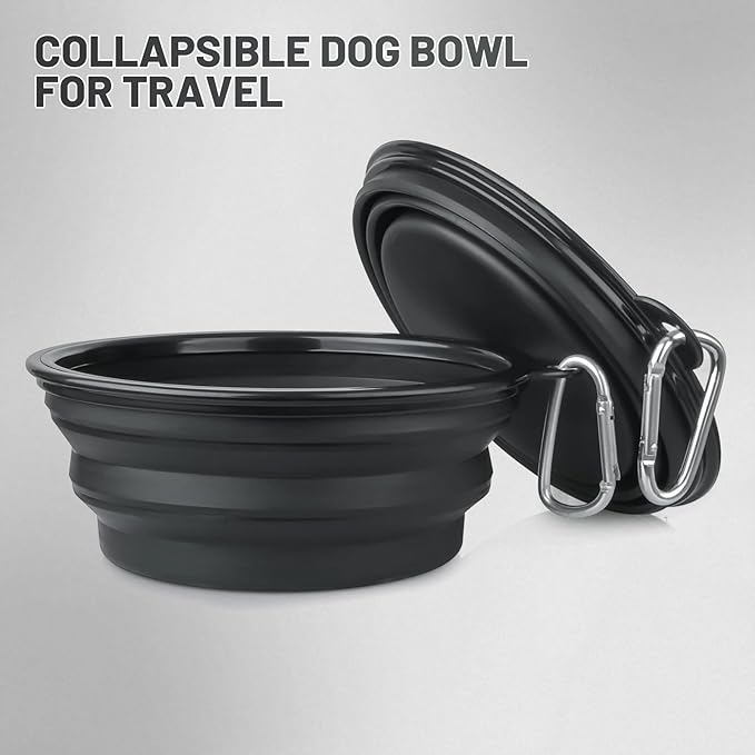 Dog Bowl Pet Collapsible Bowls, 2 Pack Collapsible Dog Water Bowls for Cats Dogs, Portable Pet Feeding Watering Dish for Walking Parking Traveling with 2 Carabiners (Large, Black+Black)