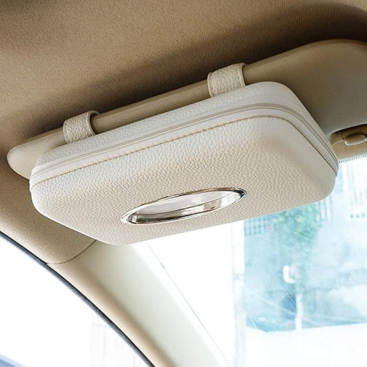 Car Tissue Holder, Sun Visor Tissue Holder, Zipper Car Visor Napkin Holder, PU Leather Backseat Tissue Case for Car,Vehicle (Beige)