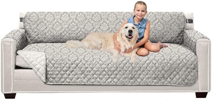Sofa Shield Couch Slip Covers for Dogs, Reversible Furniture Protector with Strap, Stain and Tear Resistant Cushion Cover, 78 inch Seat, Machine Washable Slipcover Pets, Cats, Damask Latte Ivory