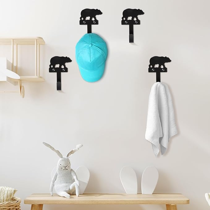 4 pcs Metal Bear Hooks Wall Mount Iron Black Decorative Wall Mounted Coat Hooks Cute Animal Key Hanger Decor for Dog Leashes, Towels, Hats