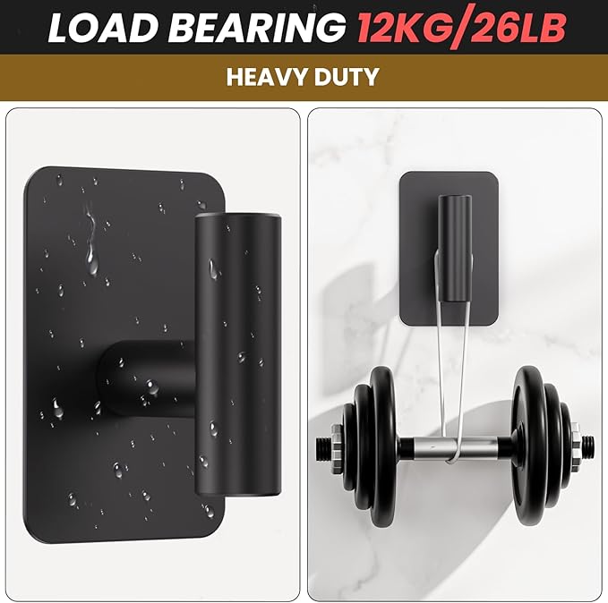 Heavy Duty Adhesive Hooks - 26lb Max, Sticky Wall Hooks Waterproof Stainless Steel for Hanging Towel, Coat, Robe, Towel Hooks Stick on Bathroom, Kitchen, Shower, Door (Black, 4 Pack)