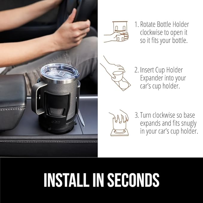 GORILLA GRIP Car Cup Holder Expander 2 Pack, Keeps Large Drink Cups Secure, Expander Fits Yeti, HydroFlask, Stanley 18 to 48oz Large Water Bottles, Coffee Mug, Adjustable Arms and Base Insert, Black