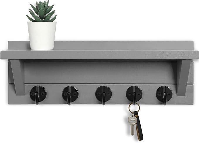 Wall Key Holder with Shelf, Rustic Shelf with Hooks Made of Paulownia Wood Holds Keys, Dog Leash, Bags and More - 13.7" W x 4.7" H x 3.5" D Decorative Key Hanger and Entryway Shelf (Gray)
