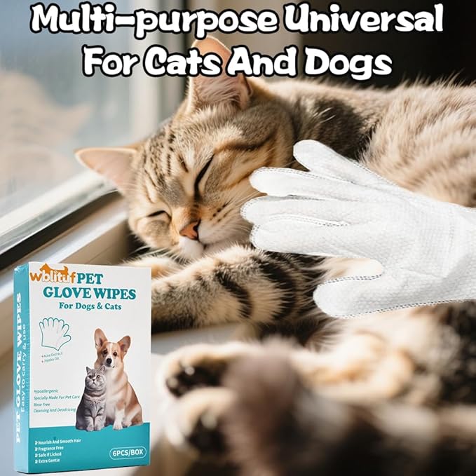 WBLITUF Pet Glove Wipes for Dogs and Cats - Dog Washing Gloves, Cat Bathing Wipes, [Individually Wrapped] 6 PCS, Cleaning & Deodorizing, Unscented,Hypoallergenic, Daily Care andTraveling.