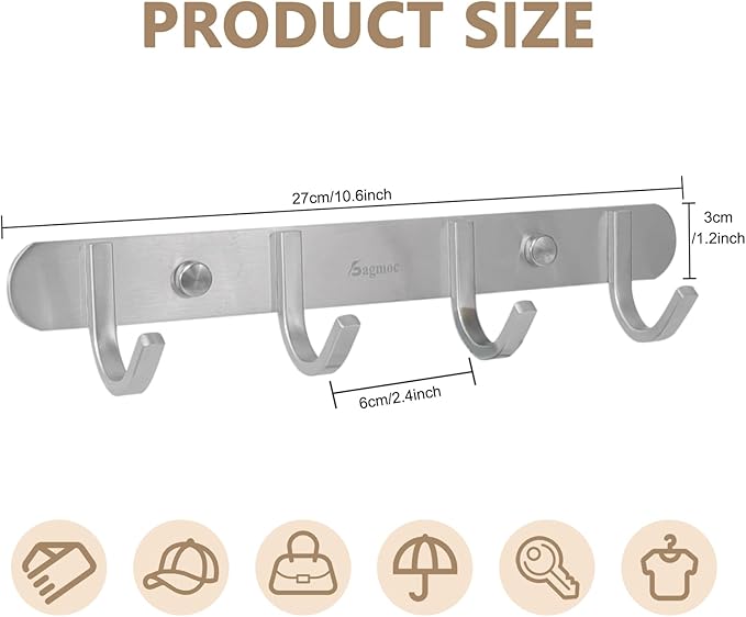 Coat Hook Rack Brushed Nickel - Sagmoc 10.6-Inch Coat&Towel Hook Rail Wall Mounted with 4 Hooks, Durable Wall Hangers for Bedroom, Bathroom, Foyer, Hallway (SUS304 Stainless Steel)