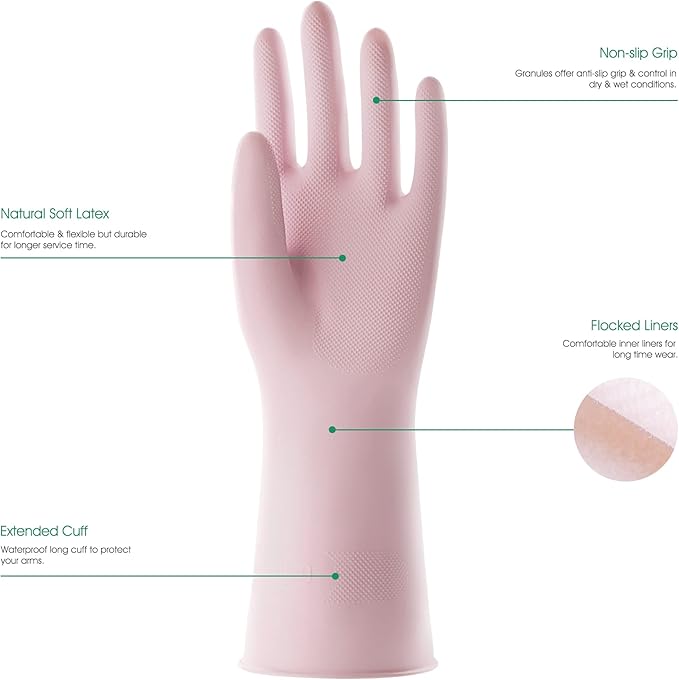 COOLJOB Medium Household Rubber Gloves with Cotton Liner & Non-slip Grip, Waterproof Long Lasting Dishwashing Gloves for Kitchen & Bathroom Cleaning, Light Pink, 1 Pair