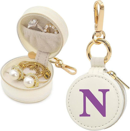 Mini Initial Travel Jewelry Case Ring Holder, Beige Faux Leather Small Jewelry Organizer Box Gifts for Women Girls Nurse Teacher, Gym Travel Accessories Keychain Pouch for Earrings Rings Necklace N