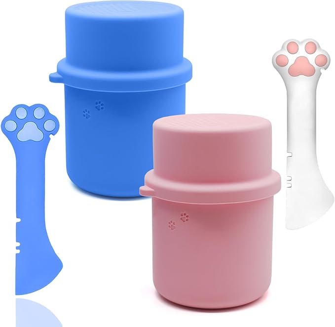 Original Canned Dog Food Storage Container & One Can Spoon | Silicone Can Cover Pet Food Sealer & Cute Paw Shape Opener Spatula | BPA Free, Airtight, Dishwasher & Freezer Safe (Blue+Pink)