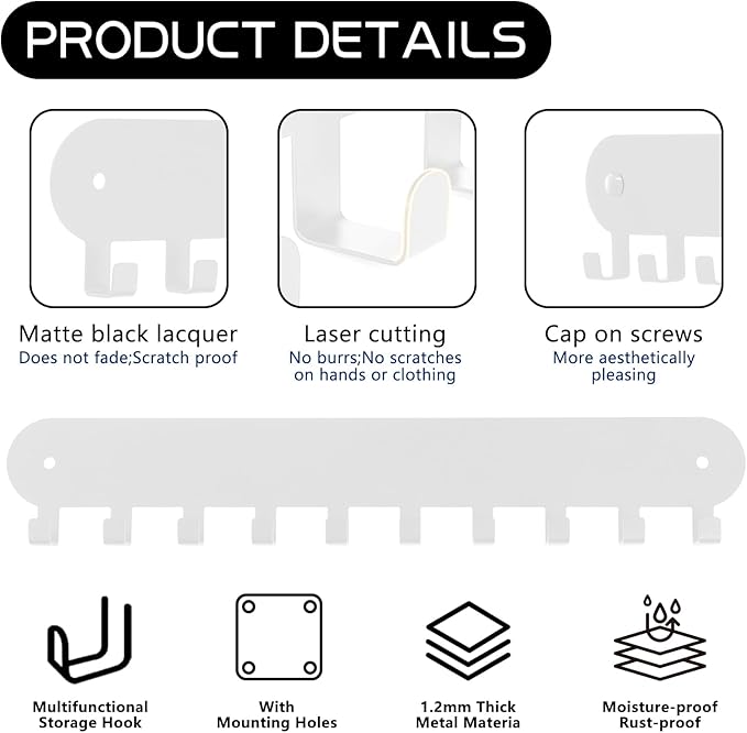 2 Pack Key Holder for Wall,Key Hooks with 10 Hooks,Key Holder Wall Mount Self Adhesive, Key Rack for Wall No Drill for Living Room, Kitchen, Bathroom, Garage (White)