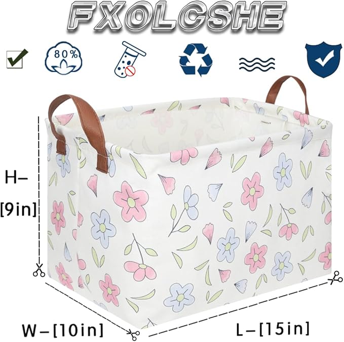 FXOLCSHE Rectangular Flower Basket,kids laundry Hamper,Baby Girls Nursery Hamper,Waterproof foldable Kid's storage basket,Clothes Organizer Basket,Girls Room Decor(Blue flowers)
