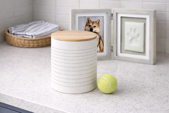 Pearhead Ceramic Dog Treat Jar with Wooden Lid – Container for Dog Biscuits & Training Treats, Airtight Stoneware Pet Snack Storage Canister, Modern Blue Dot Kitchen Countertop Jar