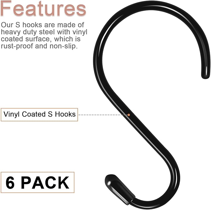 6 Pack 5 Inch S Hooks: Heavy Duty, Non-Slip, Vinyl Coated, Black Metal Steel with Vinyl Coated Surface, S-Shape, Classic Style, Ideal for Kitchen, Closet, Bathroom, Garage, Outdoor
