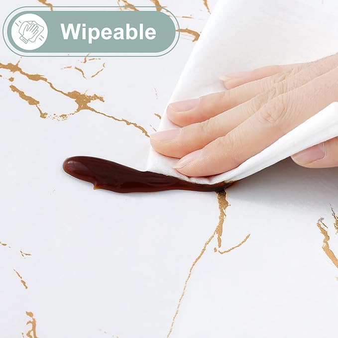 misaya Rectangle Waterproof Vinyl Table Cloth, Wipeable Tablecloth with Flannel Backing, Plastic Table Cover for Dinner, Picnic, Indoor and Outdoor (White Gold Marble, 60" x 84")