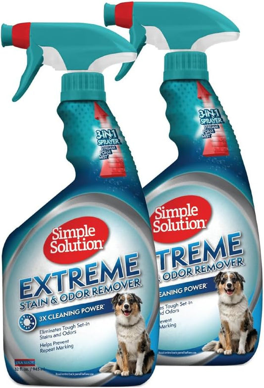 Simple Solution Extreme Pet Stain and Odor Eliminator, Enzyme Dog Urine Odor Neutralizer, Pet Carpet Stain Remover, Strong Pet Spray for Pee Cleaner Spot Treatment, Rug Deodorizer, 32 oz (Pack of 2)