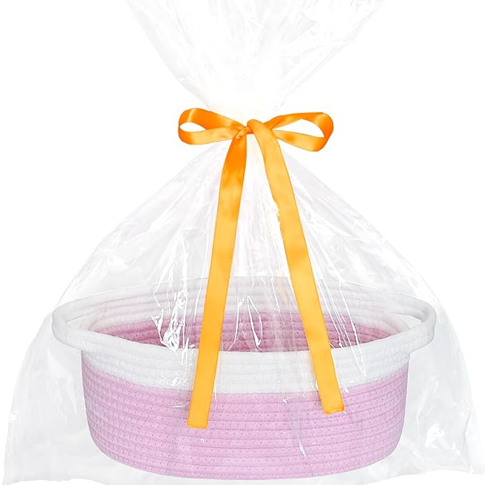 ABenkle Small Basket with Gift Bags and Ribbons, Empty Gift Baskets for Mother's Day, Decorative Boho Rope Woven Nursery Storage Organizer Toy Baskets with Handle for Baby Showers, 12"X 8" X 5"