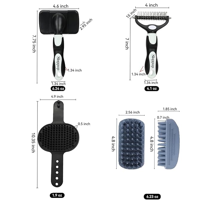 PETIMP STORE Dog Brush Kit for Grooming Short & Long Haired Dogs & Cats, 4-in-1 Pet Grooming Set with Self-Cleaning Slicker Brush, Deshedding Tool, Shampoo Bath Comb, Massge Comb (White Black)