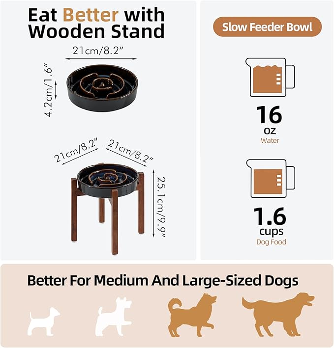 Ceramic 1.6 Cup Raised Slow Feeder Dog Bowl Set, Elevated Acacia Wood Stand for Medium and Large Dog, 8.2inch Slow Dish, Stop Bloat(Single Bowl+ Stand, Starry Sky)