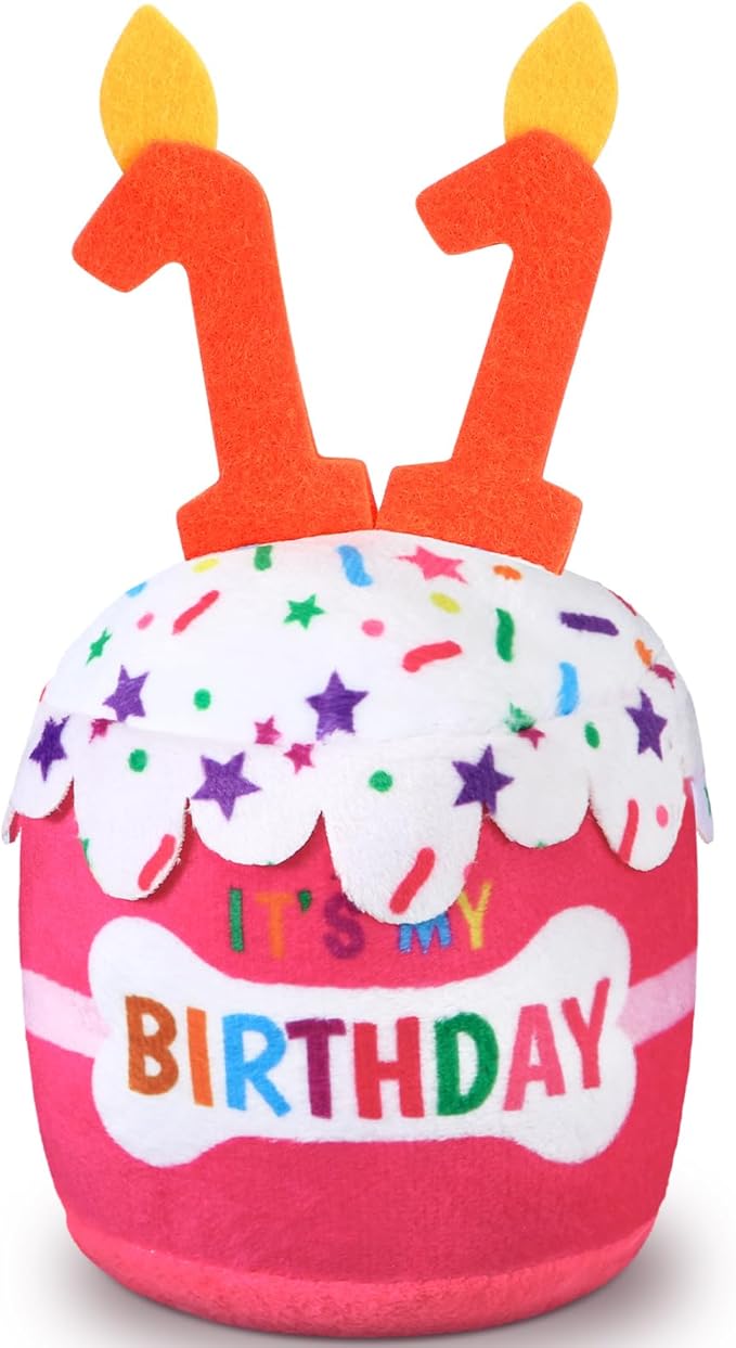 Dog 11th Birthday Cake Toy Accessories for Girl Boy Gifts, Pink Squeaky Plush Toy for Dog Birthday Party Decor Favor for Large, Medium and Small Dogs