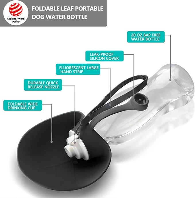 Dog Water Bottle, Portable Pet Water Dispenser Feeder Leak Proof with Drinking Cup Dish Bowl for Outdoor Walking, Hiking, Travel, 20OZ Water Bottle Fit for Small to Large Dogs and Cats Black