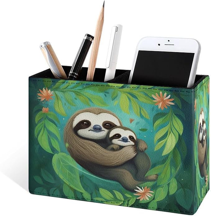 Famame Sloth with Baby Leaves Pencil Holder for Desk, Leather Desktop Container Pen Cup Storage Study Table Pen Organizer Makeup Brush Holder for Classroom Office Home