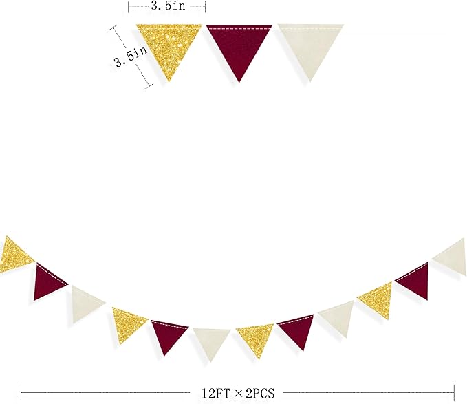 Maroon Gold Party Decorations Burgundy Beige Gold Glitter Felt Hanging Triangle Mini Bunting Pennant Banner Flag for Birthday Graduation Wedding Baby Shower Anniversary Party Nursery Classroom Decor