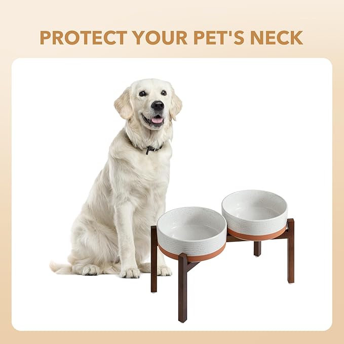 Ceramic 8.2inch Raised Double Dog Bowls Set with Acacia Wood Stand, Food & Water Bowls for Large Breed Dogs, Weighted Pet Dishes(60oz, Vanilla White)