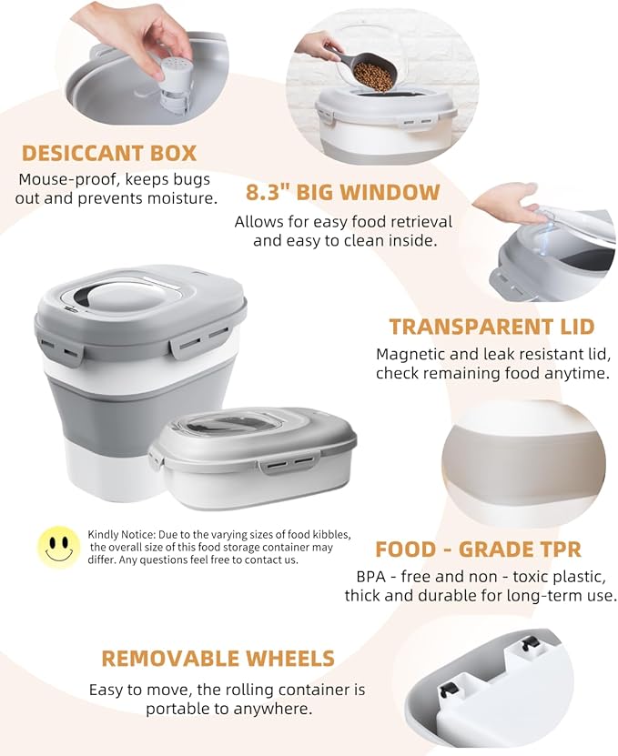 DDMOMMY 30-35 Lbs Dog Food Storage Container Collapsible Dog Food Container with Airtight Lids, Wheels, Scoop and 2pcs Food Storage Containers, Large Pet food storage for Dog, Cat