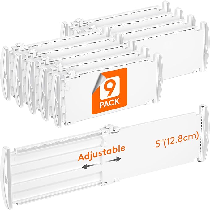 Lifewit 5" Tall 9 Pack Deep Drawer Dividers, 30 –47cm/11.5-18.5" Expandable Drawer Divider for Clothes, White Dresser Drawer Storage Organizers, Clothing Drawers Separators for Dresser Kitchen Bedroom