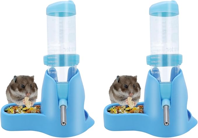 Wontee 3 in 1 Hamster Water Bottle Small Pet Automatic Water Dispenser with Food Container Base Hideout for Dwarf Hamster Mice Gerbils, 2 Pack (Blue, 125ML)